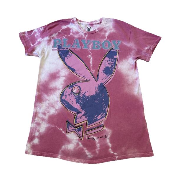 PLAYBOY Bunny / Tie Dye Graphic T-Shirt Adult Size MED Andy Warhol Pink Retro - Picture 1 of 7